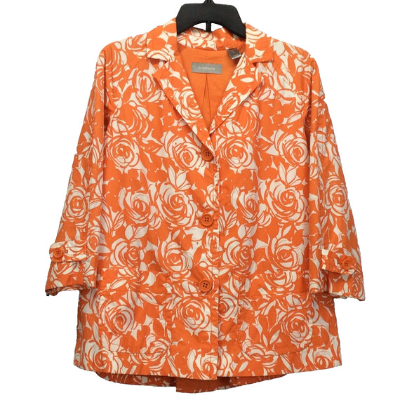 Liz Claiborne Jacket Women's Size M Orange/White Rose Swirl Print Button Pockets - Picture 5 of 12